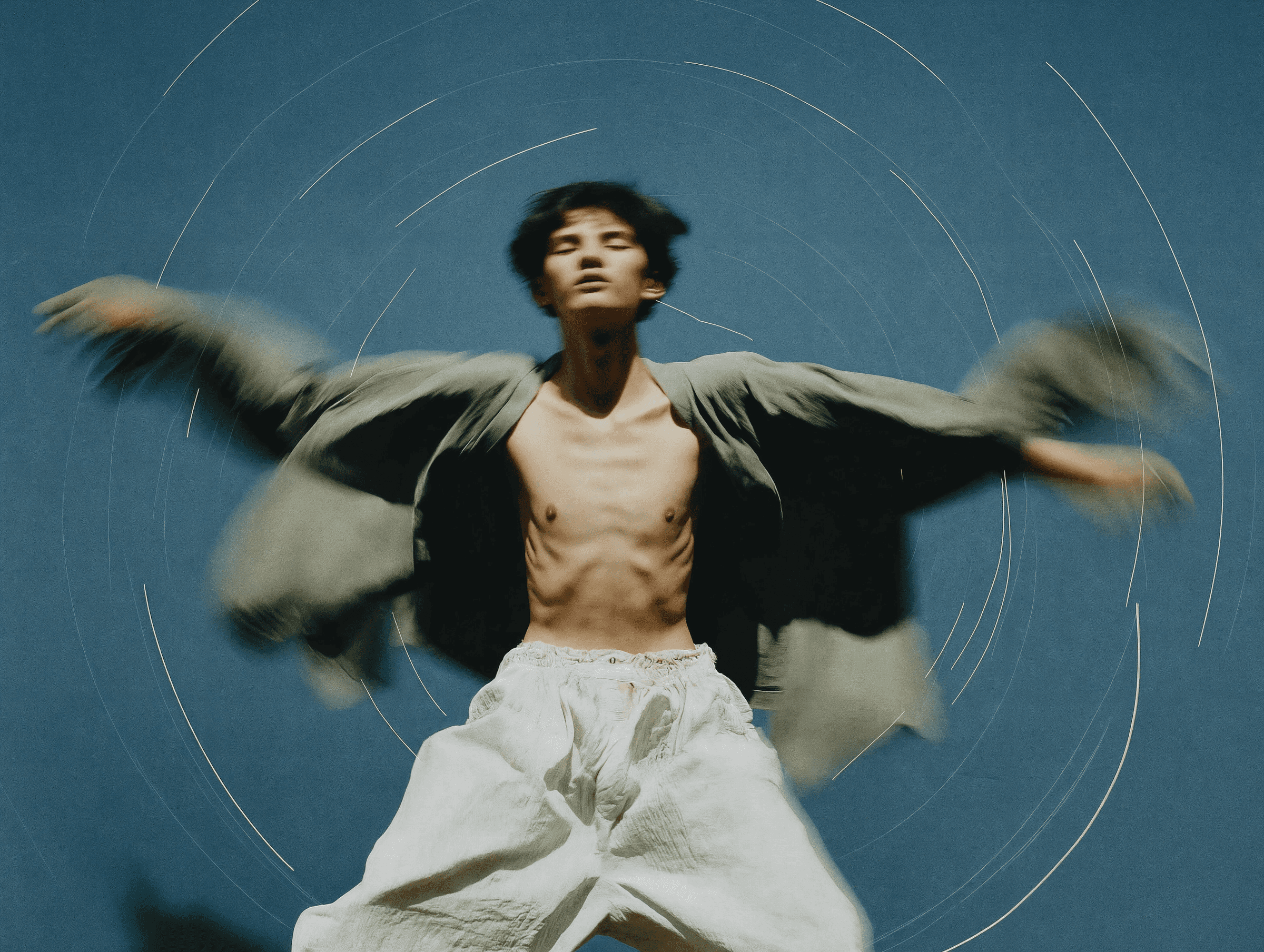 Performer with arms spread wide, captured in a dramatic pose against a light background.