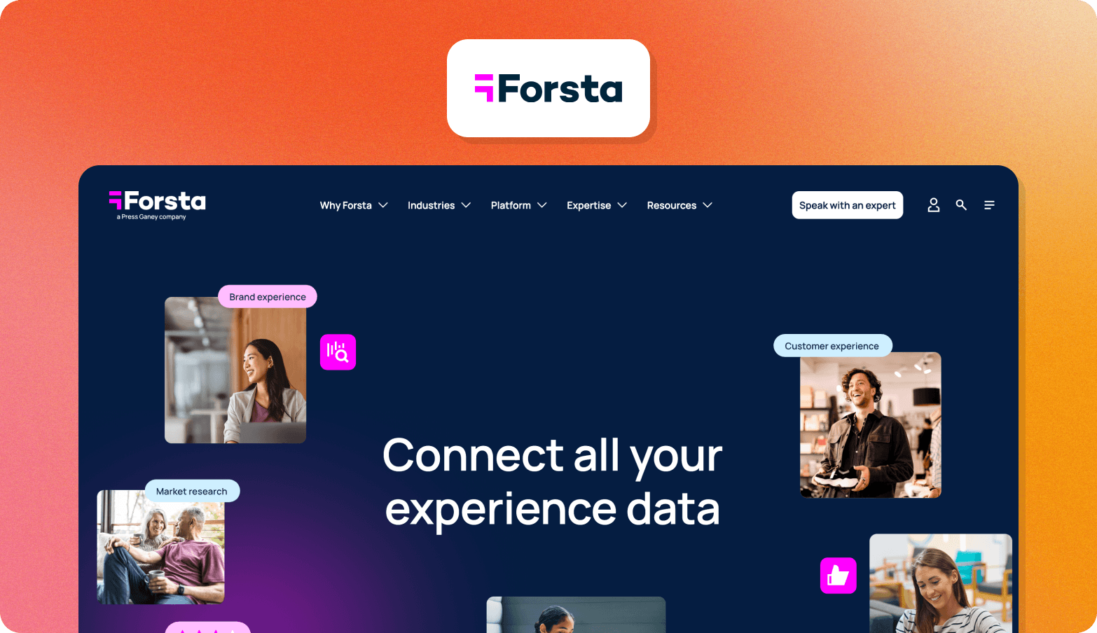 Forsta homepage screenshot showing the tagline "Connect all your experience data."