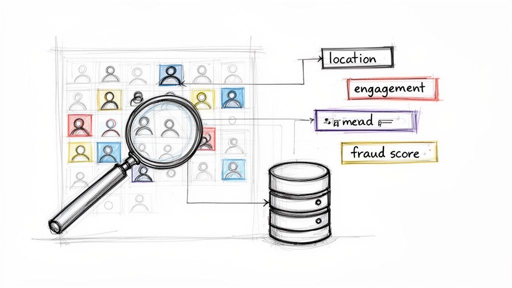 An illustration of user profiles being analyzed with a magnifying glass for location, engagement, and fraud score, connected to a database.