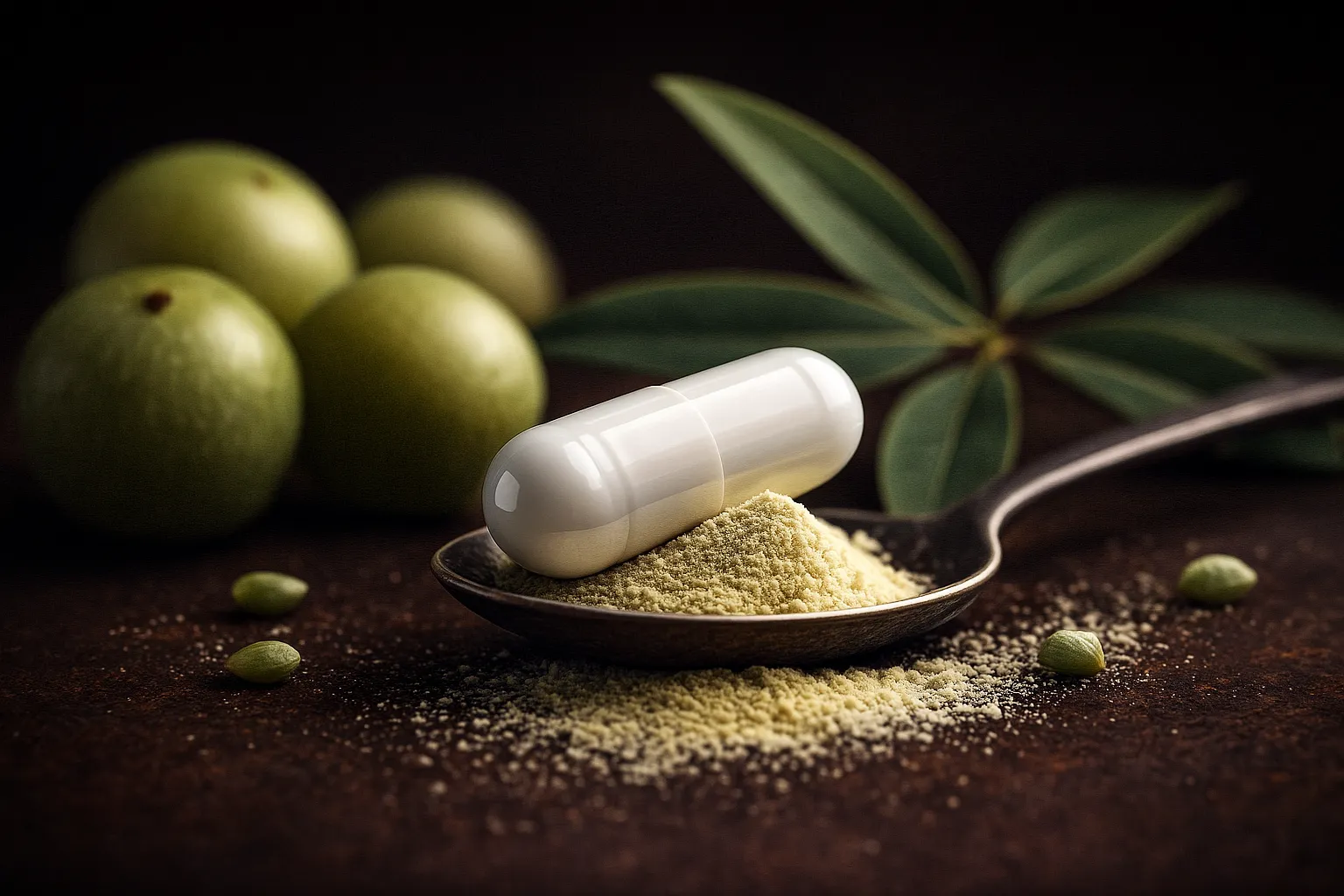 Amla supplement capsule on a spoon of powder with fresh gooseberries in the background.