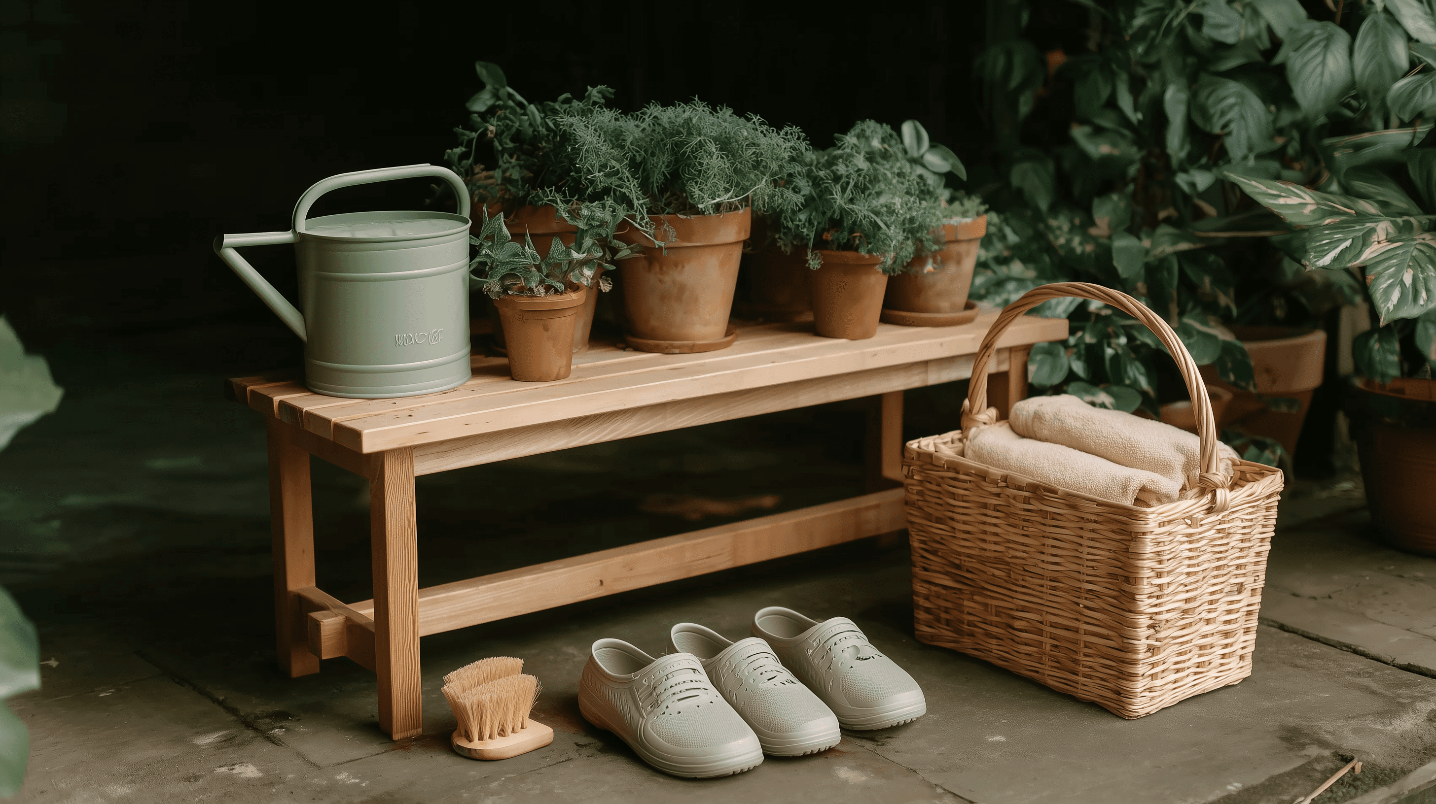 A cozy garden corner featuring potted herbs, a wooden bench, a watering can, and a wicker basket with towels, creating a serene and natural outdoor vibe.