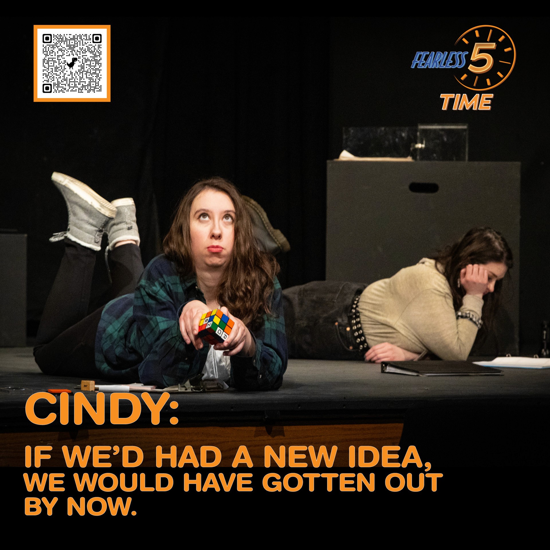 Theater promo graphic featuring a quote from Cindy, showing an actress lying down on a wooden stage.