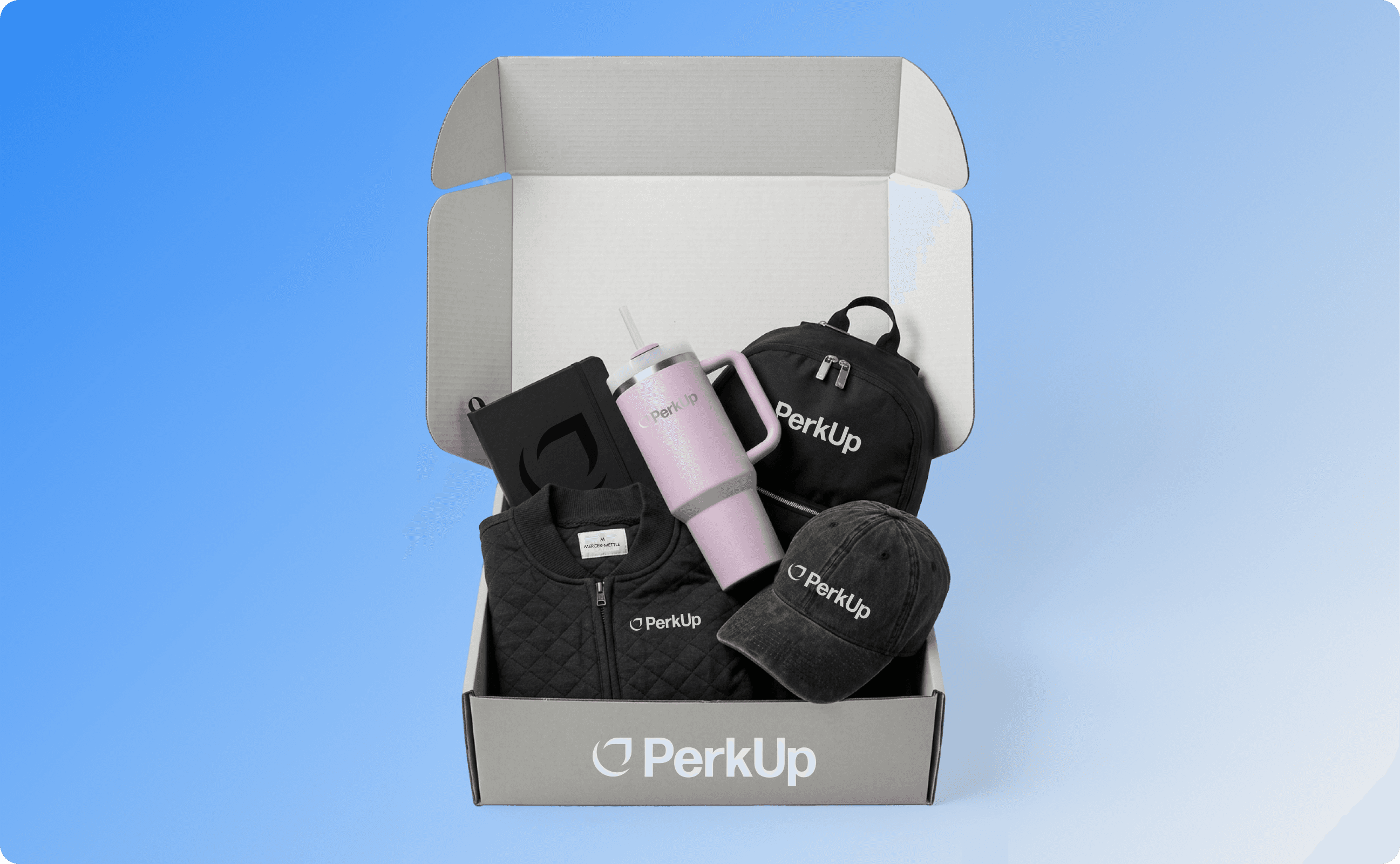 A swag kit with notebook, jacket, tumbler, backpack, and cap.