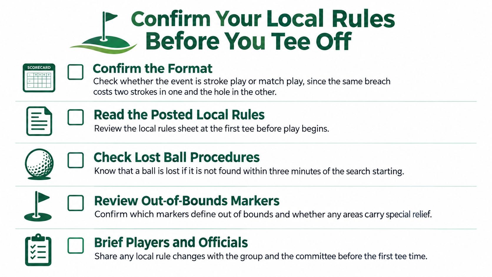 An infographic titled Confirm Your Local Rules Before You Tee Off, listing five essential golf preparation tips.