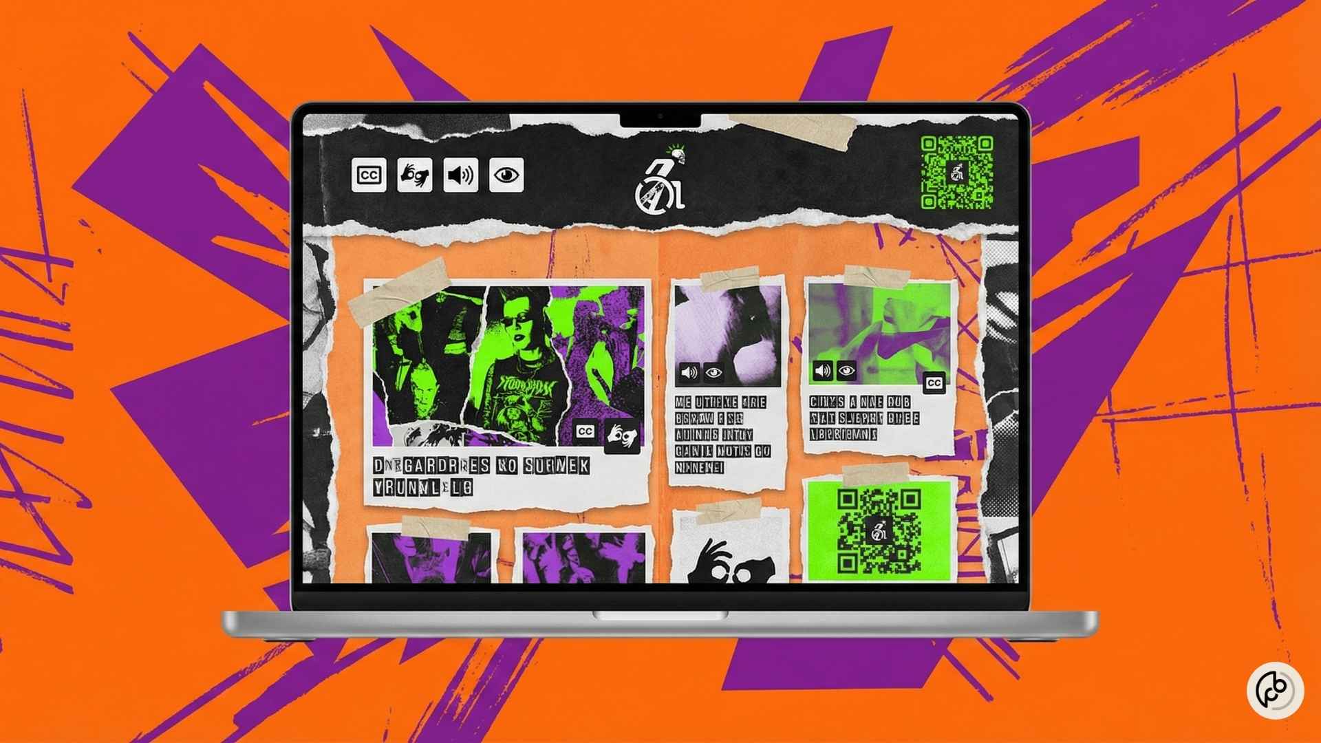 Retangulo laranja com simbolos geométricos roxos.