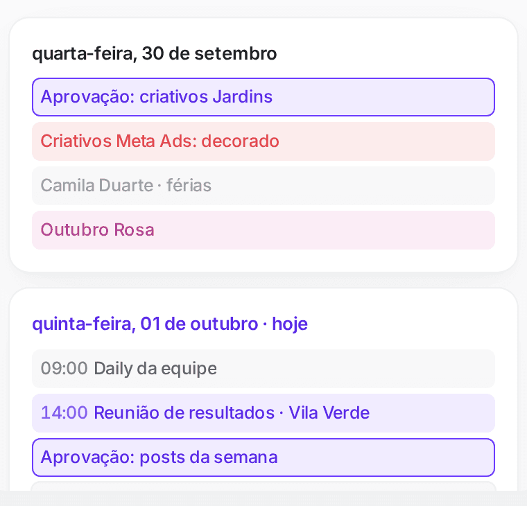 Agenda com aprovações, prazos, ausências e datas comemorativas