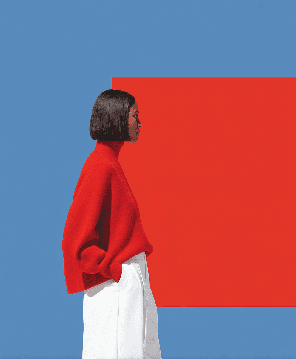 Side view of a woman in a red sweater and white trousers in front of a large red square on a blue wall.