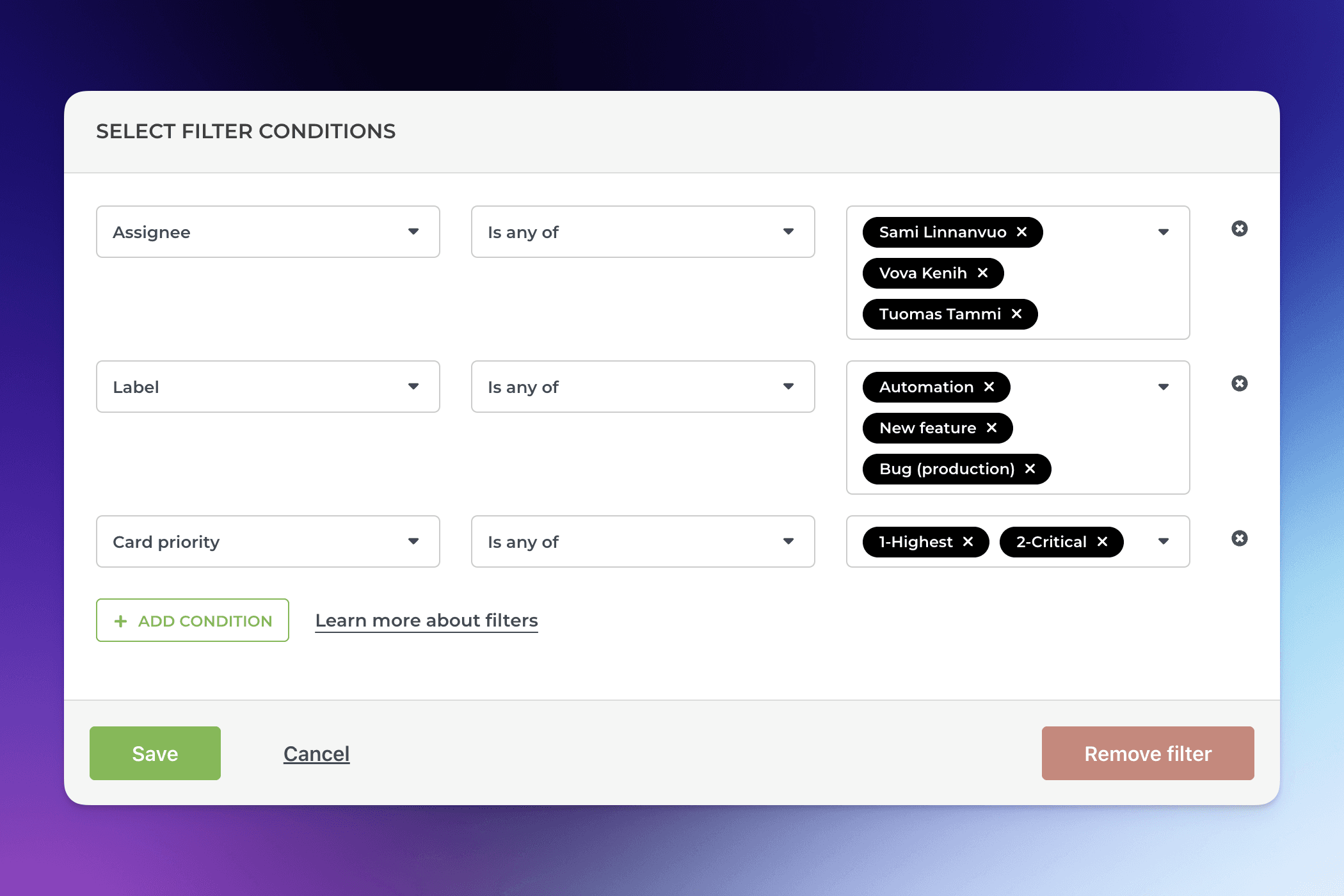 Set any filter conditions as needed