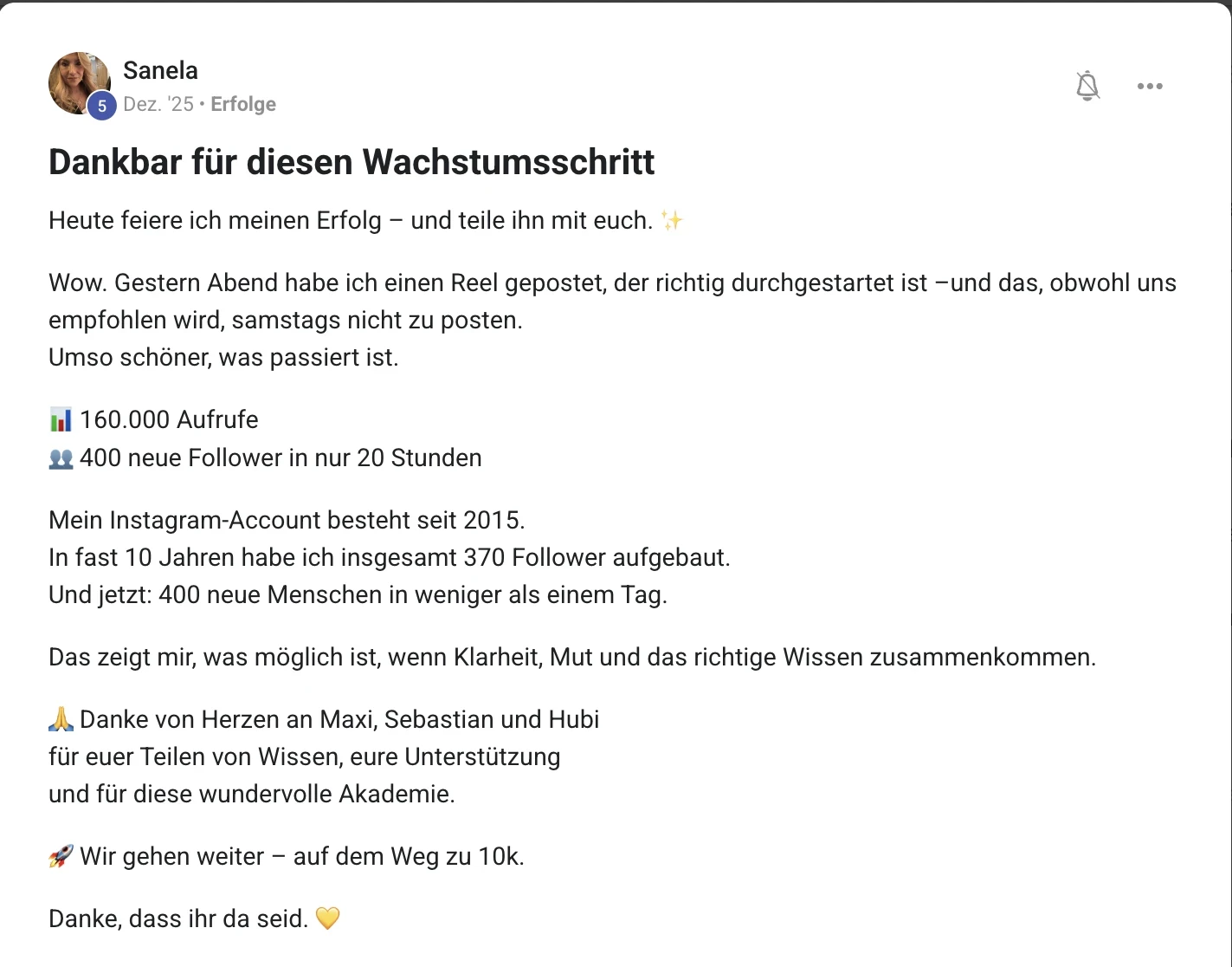 Mitglied der KI Creator Akademie: Sanela gewinnt 400 Follower in 20 Stunden mit einem Reel über 160.000 Aufrufe