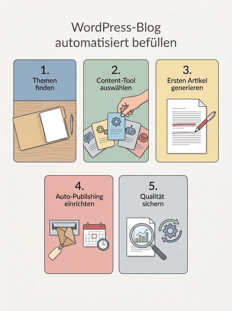 Ablaufdiagramm: Schritt-für-Schritt-Anleitung, wie KMUs ihren WordPress-Blog mit automatisierten Tools befüllen und veröffentlichen
