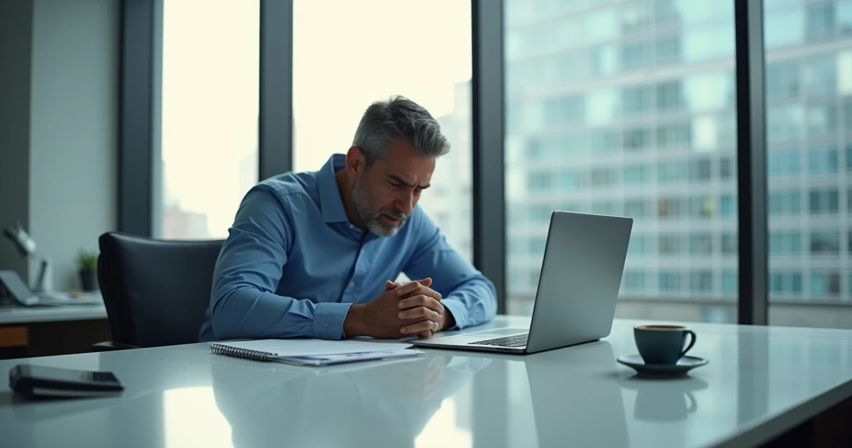 Homem executivo sentado em mesa olhando para baixo pensativo, expressão fechada 