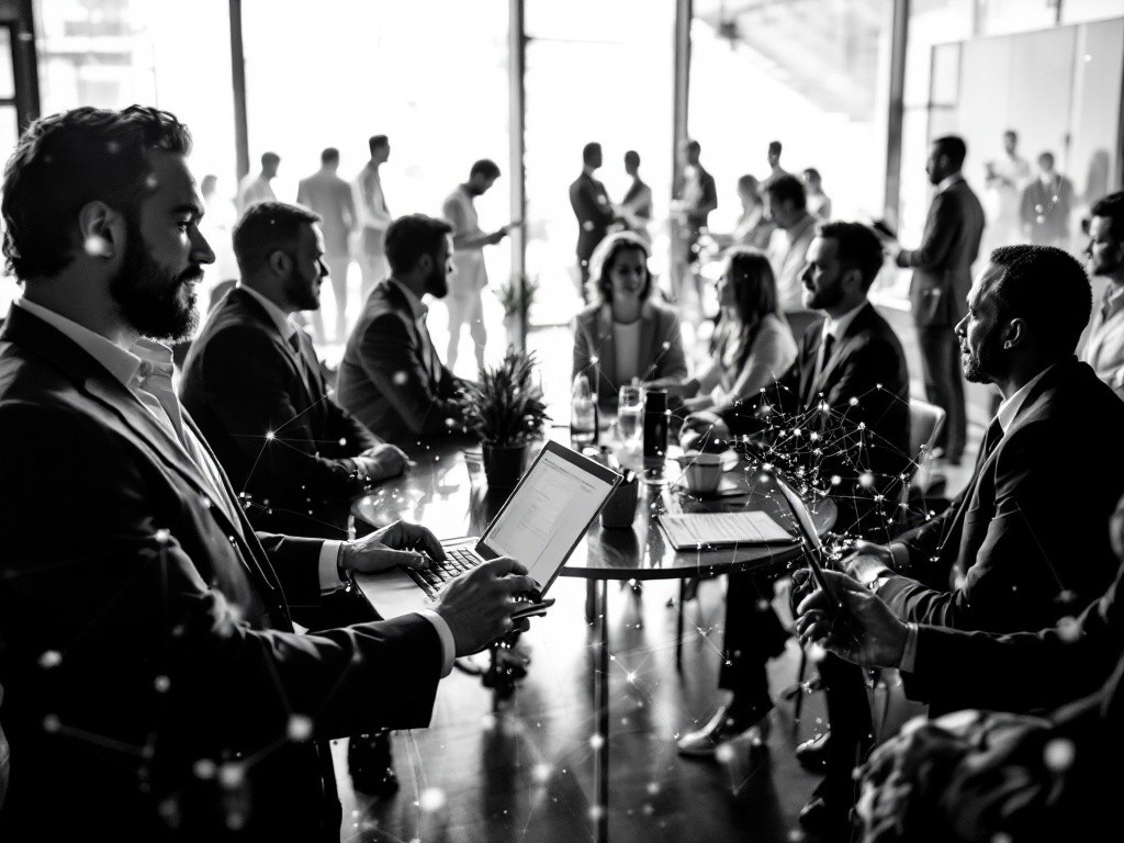 Business people meeting around a table, working on laptops and tablets.