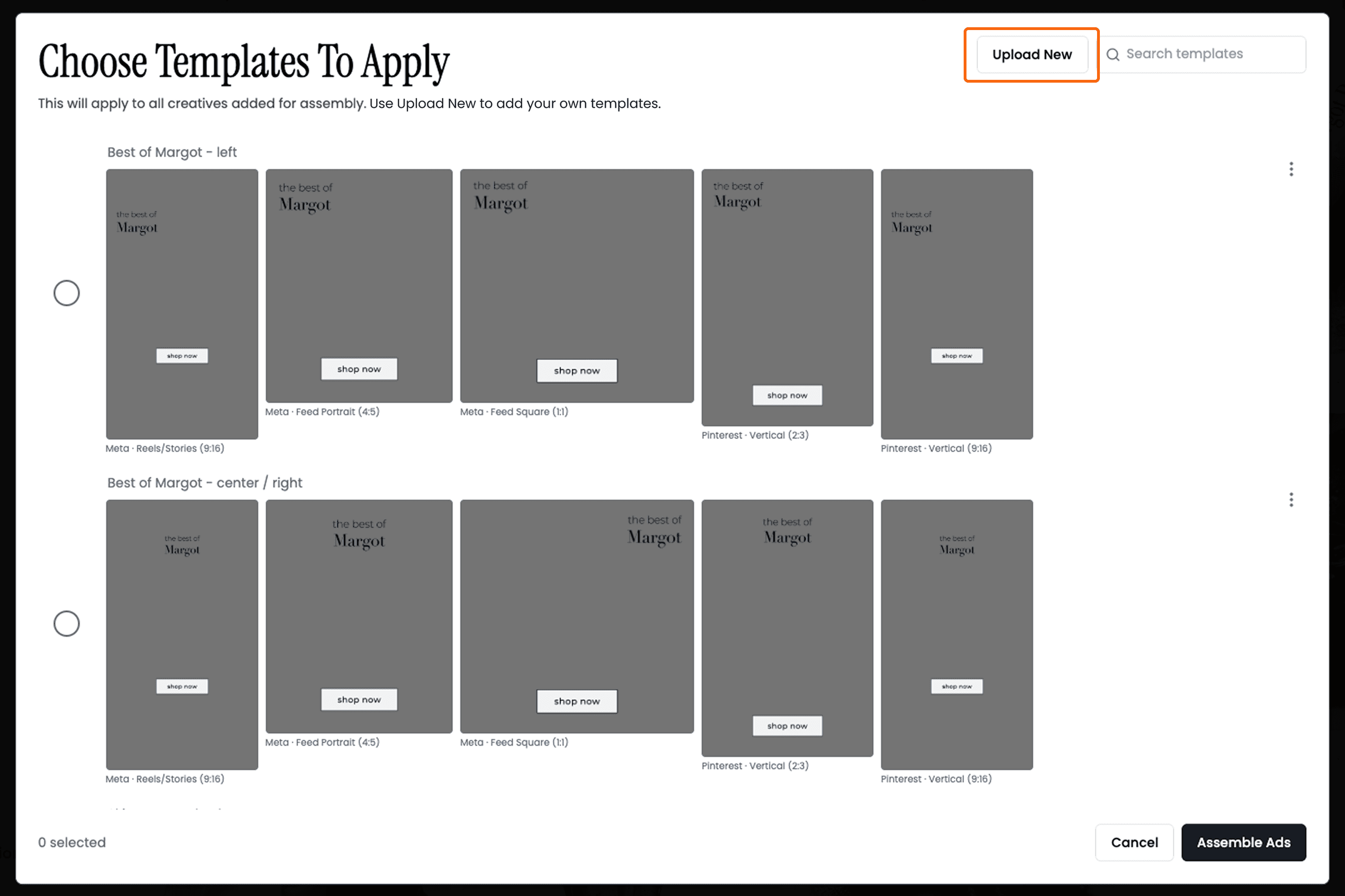 The Choose Templates To Apply dialog with Upload New highlighted, showing template sets per placement