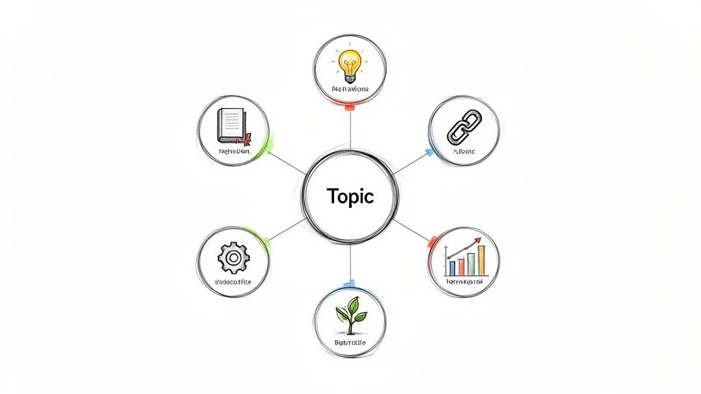 A mind map illustrating a central topic with six interconnected concepts: ideas, purpose, growth, documentation, and efficiency.