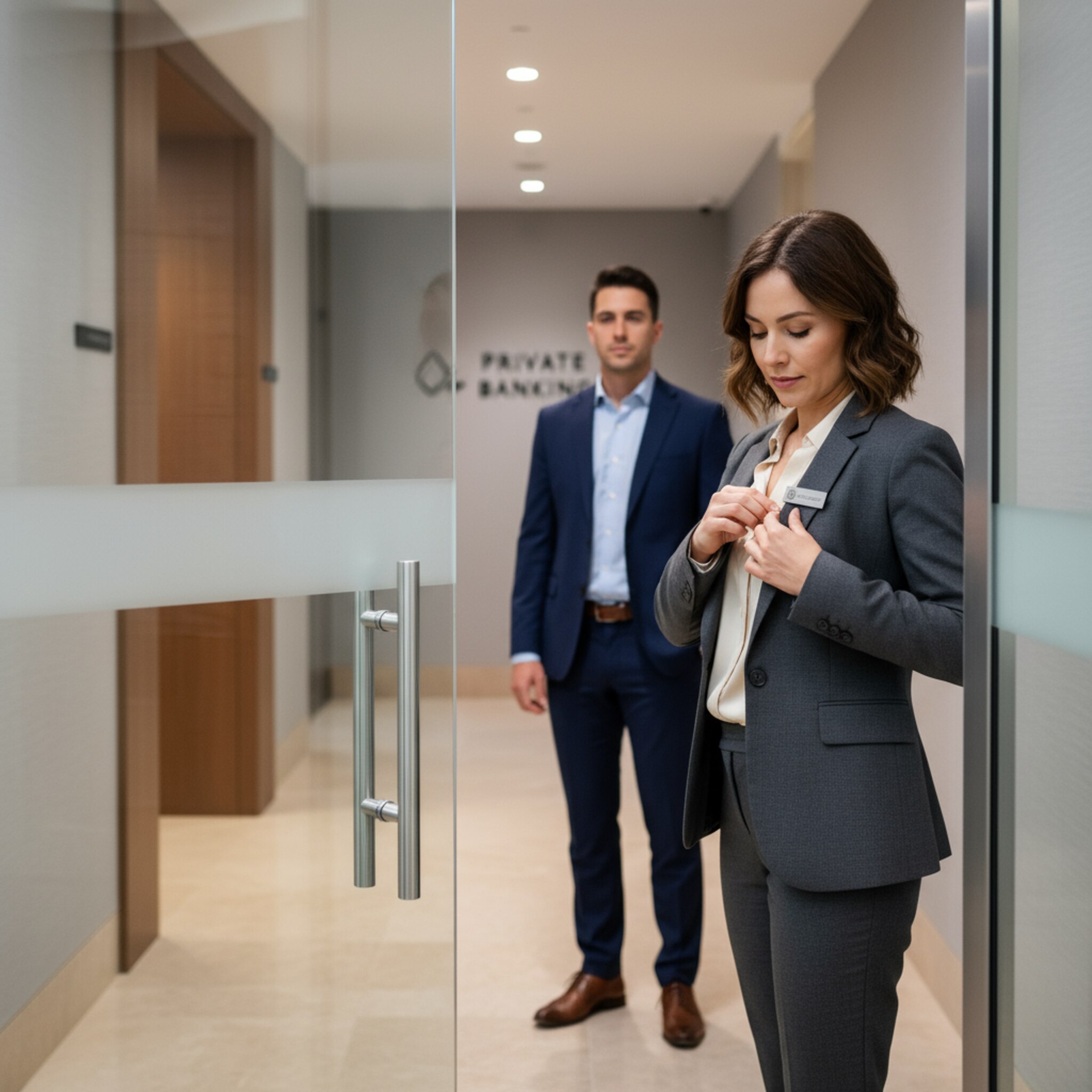 Ein Sicherheitsbeauftragter steht in einem ruhigen Korridor einer Zentrale, neben ihm eine dezent beleuchtete Zugangsschleuse. Er überprüft eine Liste mit Raumzonen und nickt Kollegen zu. Die Umgebung wirkt reduziert und geordnet. Diskrete Beschilderungen schaffen Orientierung ohne Ablenkung. Gedämpftes Licht hält den Fokus auf Abläufen.