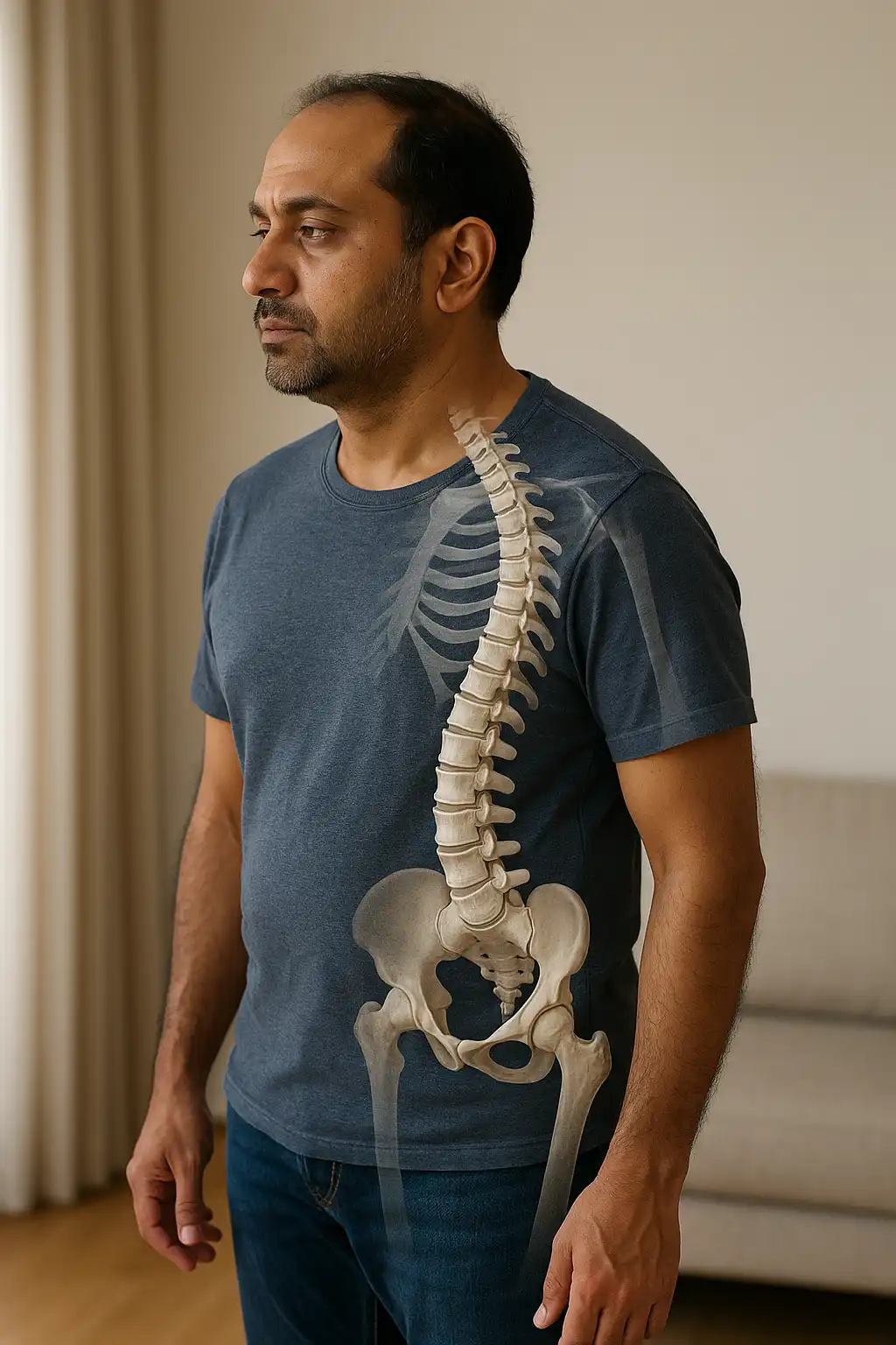A man standing indoors with a transparent anatomical illustration of the spine and pelvis superimposed over his torso to show spinal alignment.