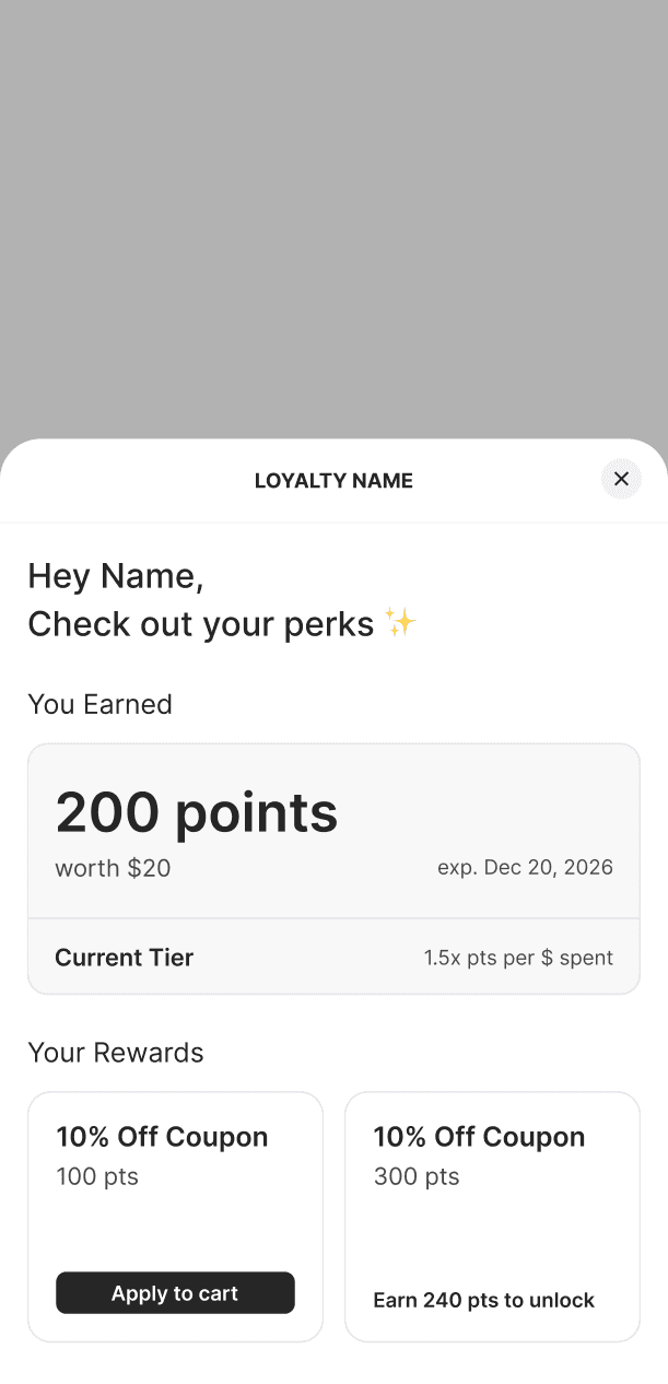 mobile UI for the Loyalty Widget showing the widgte state with a tier