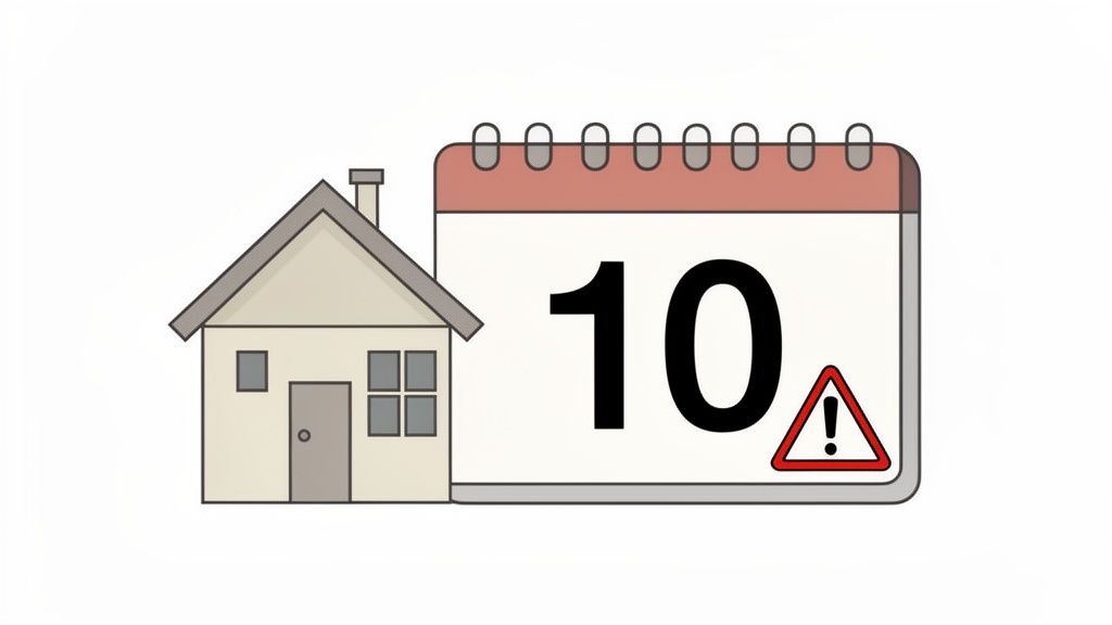Illustration of a house next to a calendar page displaying '10' and a warning sign.