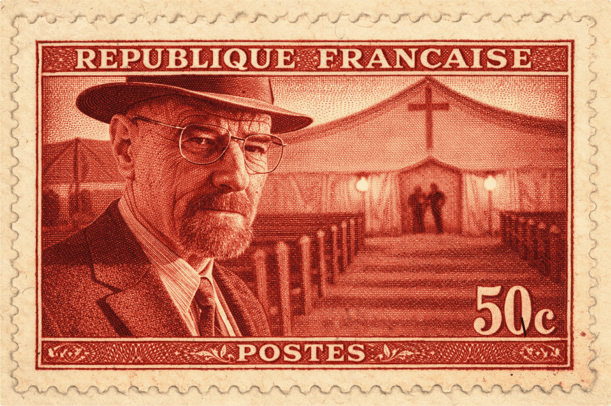 Man in front of revival tent