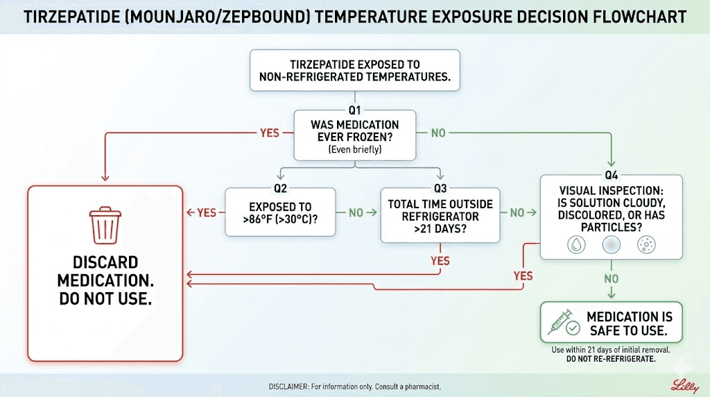 Flowchart for deciding if tirzepatide is safe to use after temperature exposure during travel