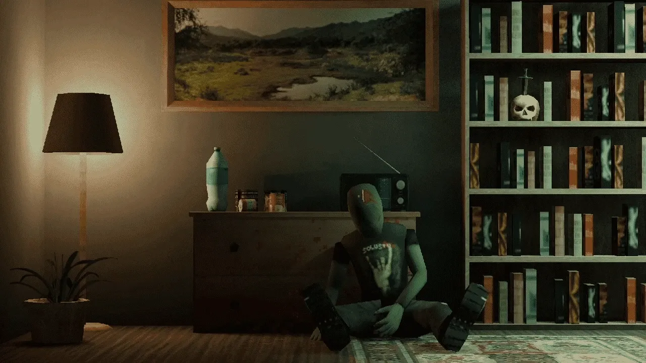 Zombie with solus tv shirt lying down on desk in a room