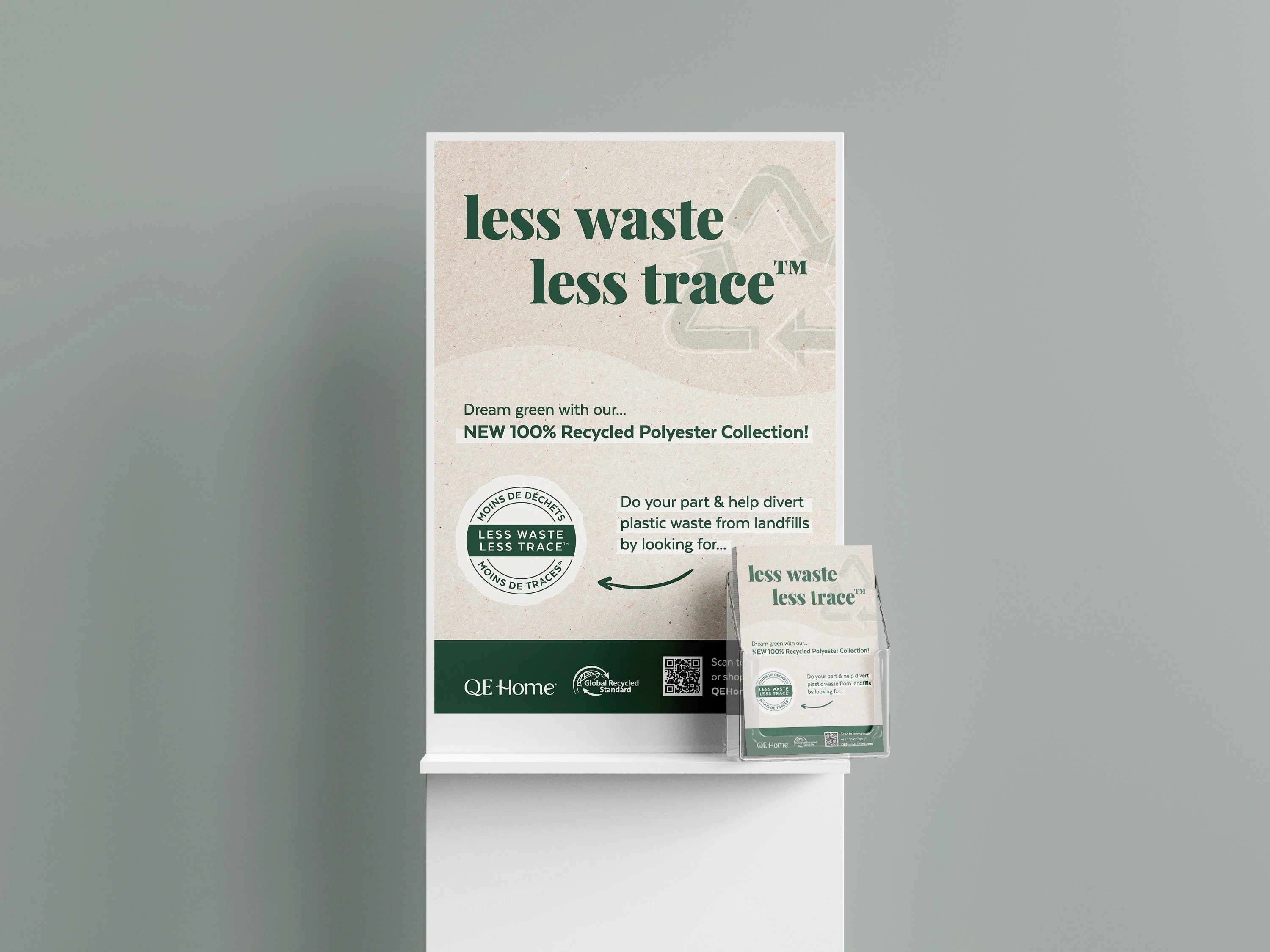 QE Home in-store poster and cash desk sign promoting the Less Waste Less Trace Recycled Polyester Collection