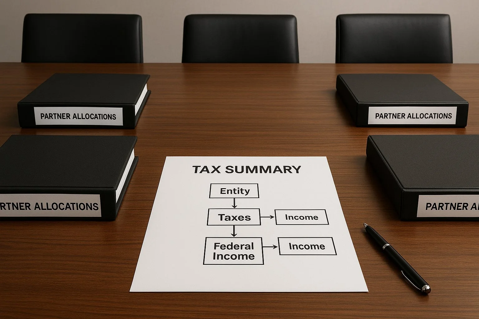 Upscale conference table with binders labeled “Partner Allocations” and a tax summary showing an entity paying taxes first to reduce federal income for each partner.