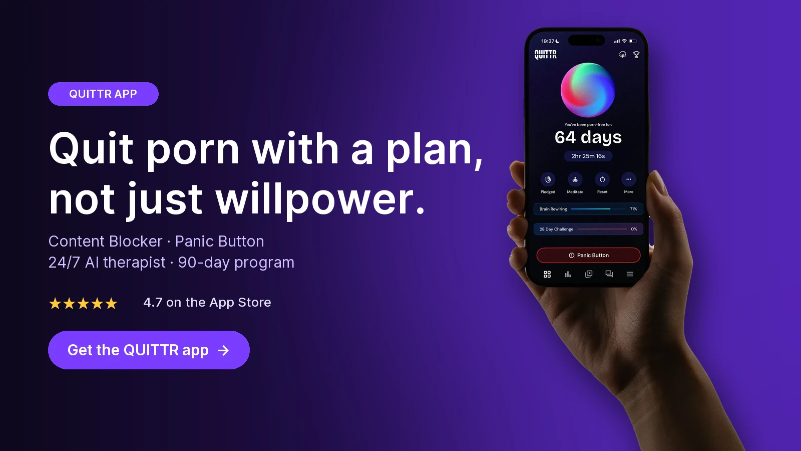 QUITTR app: Content Blocker, Panic Button, 24/7 AI therapist and a 90-day program