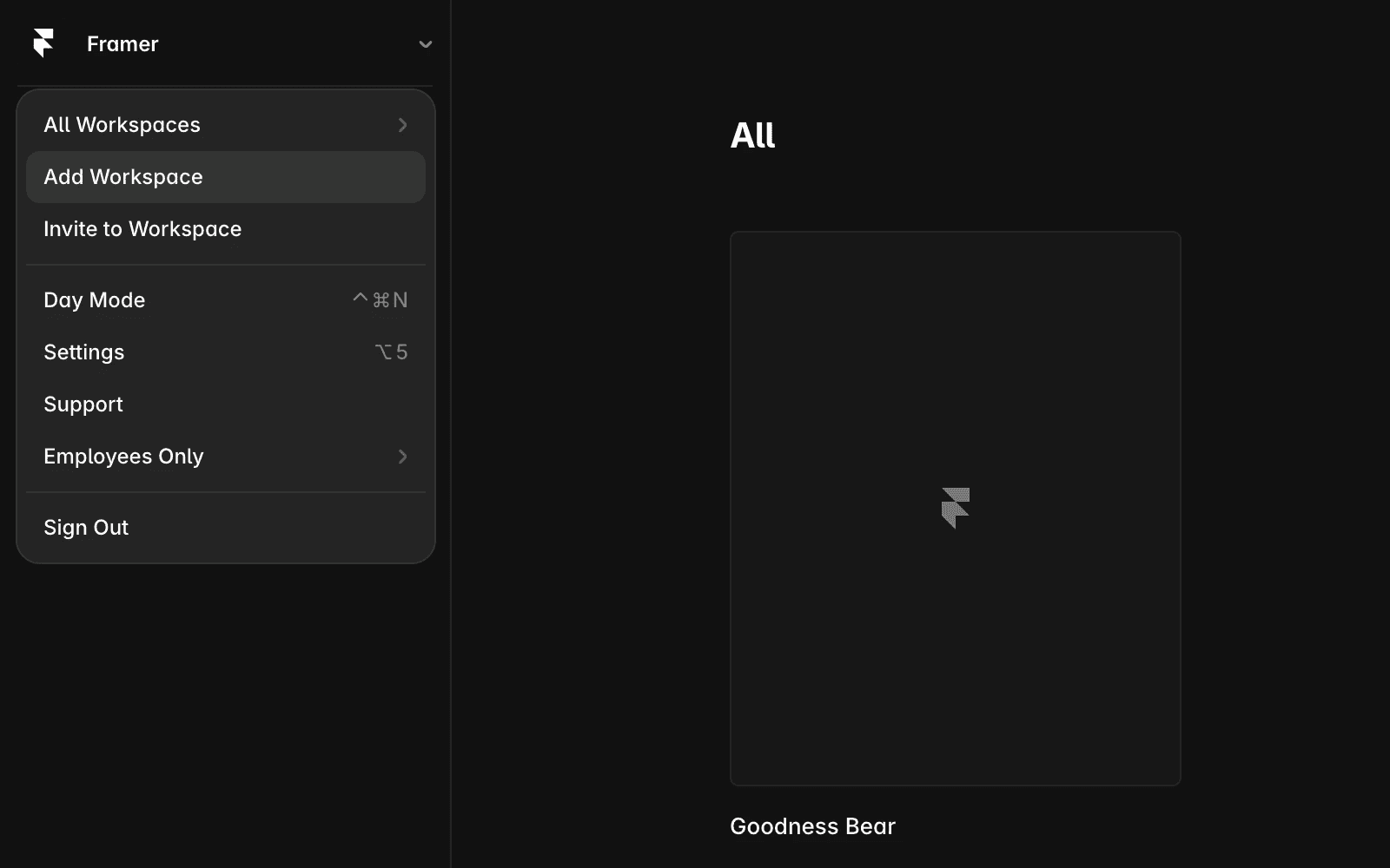 Workspace dropdown menu with the “Add Workspace” option selected.