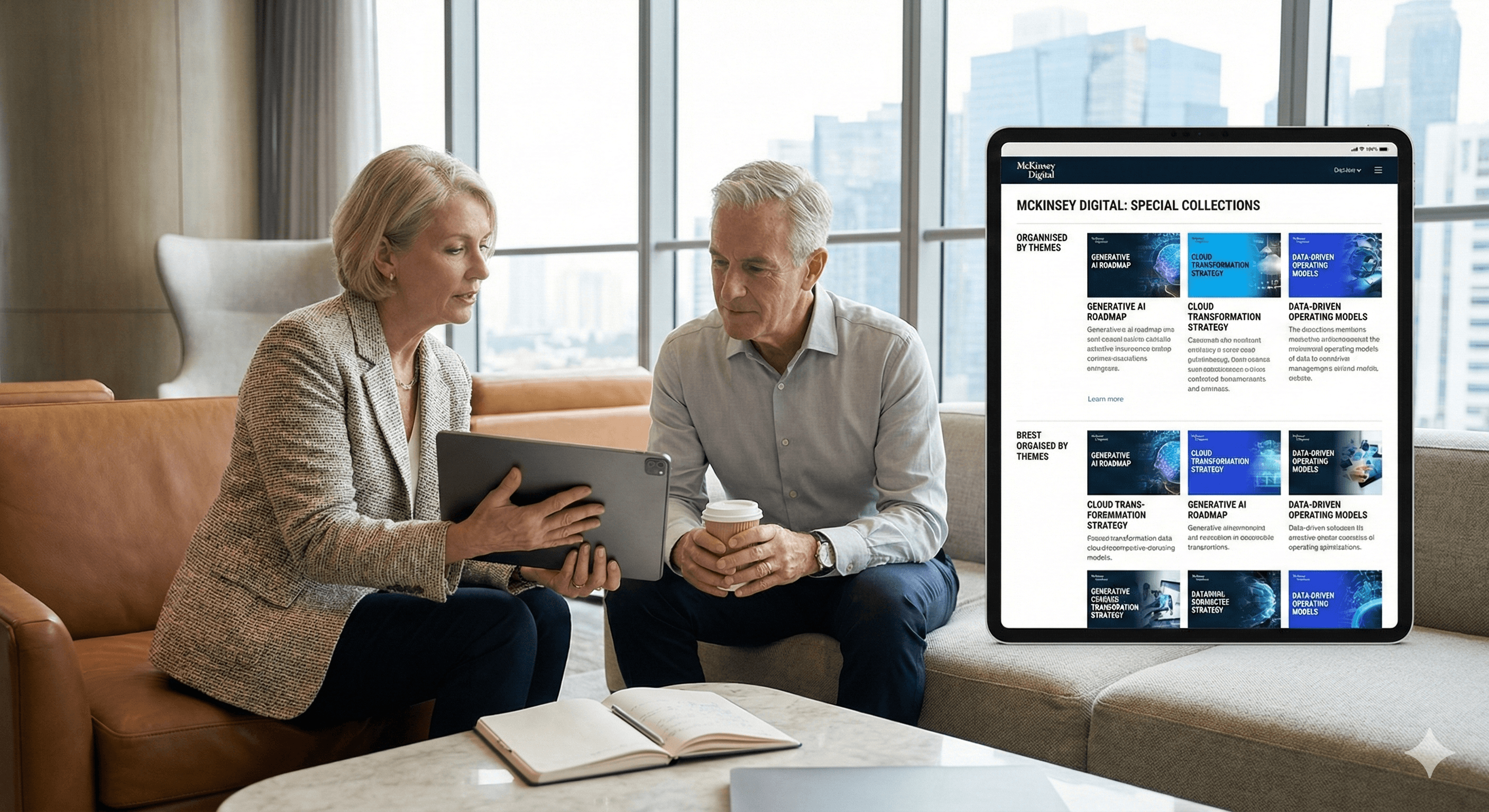 A mature man and woman, seated in a modern office lounge with a cityscape view, engage with a digital tablet displaying "McKinsey Digital Special Collections: Tech & AI Insights" on a nearby screen.