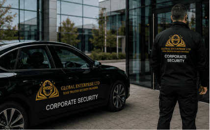 Corporate security officer overseeing reception access control and visitor management within a professional office environment.