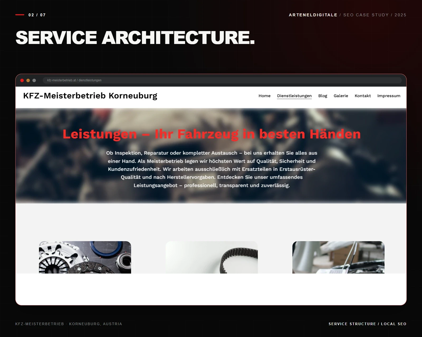 Architettura web e pagine di servizio per KFZ-Meisterbetrieb, ottimizzate per la SEO locale e la massima visibilità sui motori di ricerca.