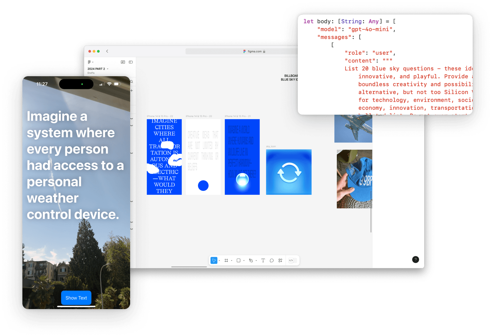 Collage of early app build, Figma design file, and GPT model prompt