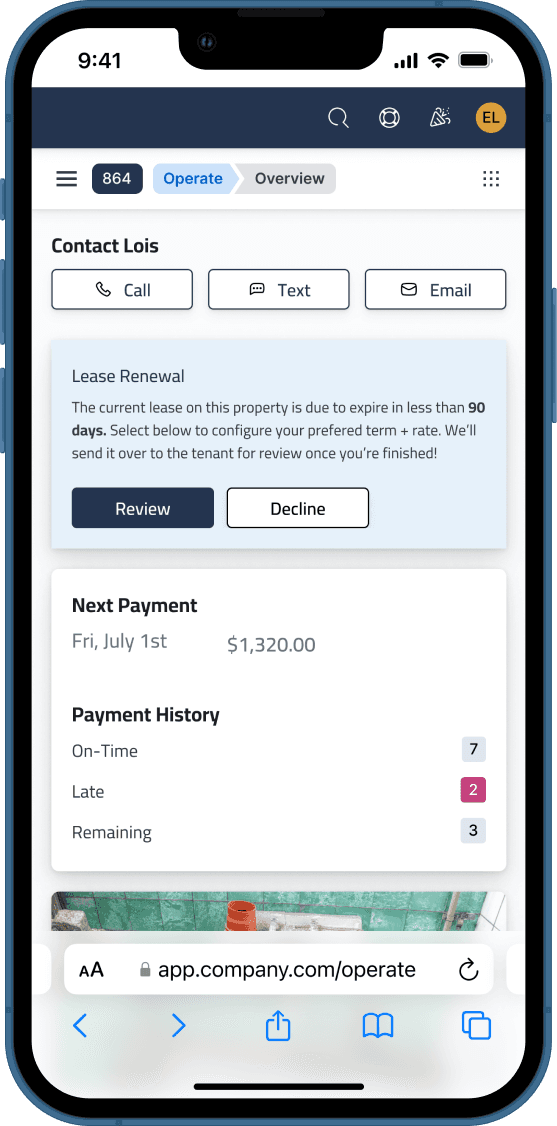 A smartphone with a property management app open, showing the Property Landing screen. The screen includes a header with the title Property Landing and a search bar. Below, there's a property summary section featuring a thumbnail image of the property, recent rent details, a rating bar, and quick links for reviews, availability, and maintenance tasks. A sidebar menu on the left lists options such as Home, Properties, Tenants, and Maintenance.