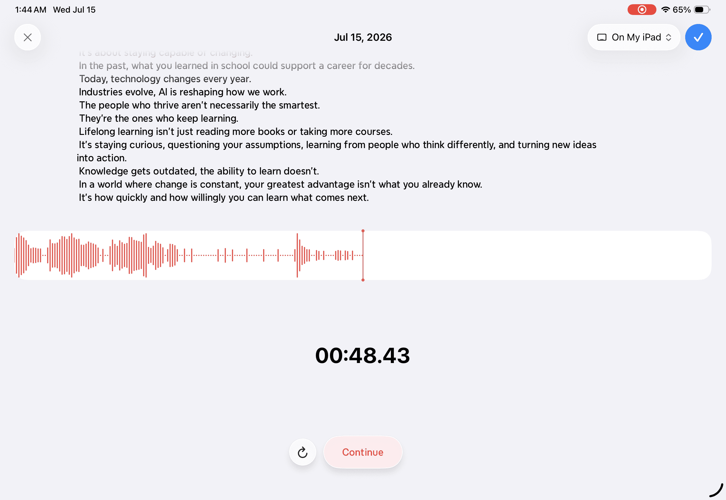 Record to Map recording interface showing audio waveform, transcript area, and recording controls.
