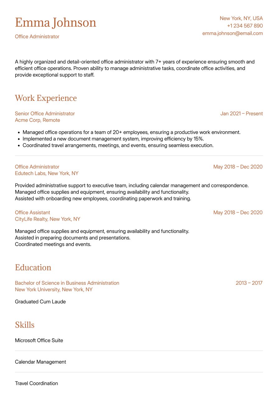 Office administrator resume example highlighting operational coordination and office management