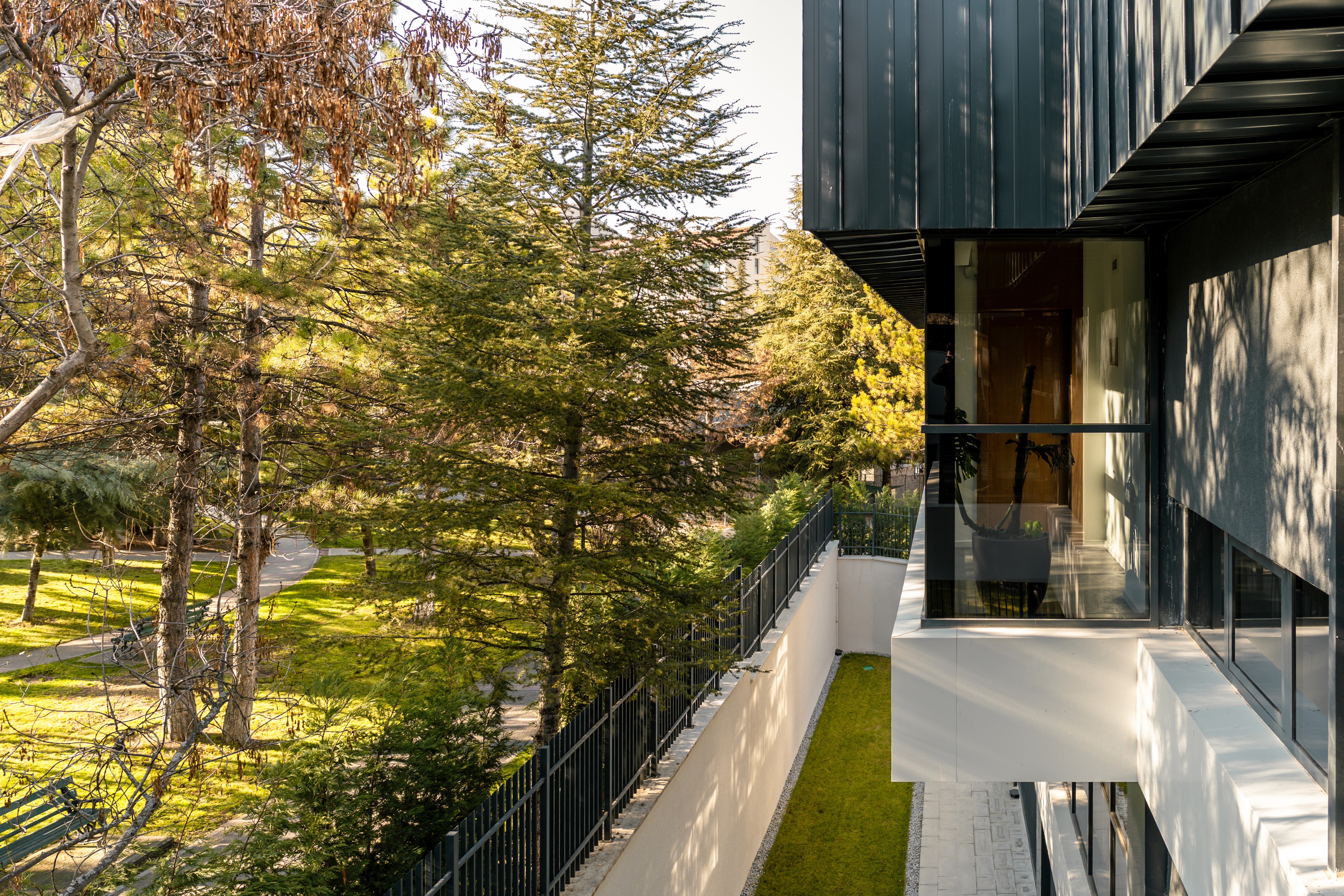 View from the upper floor of the Ikas Office overlooking a landscaped garden and tall pine trees, featuring modern metal cladding and glass façade.