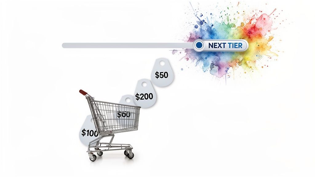 A shopping cart with various price tags ($100, $60, $200, $50) moving towards a 'NEXT TIER' progress bar with a colorful watercolor splash.
