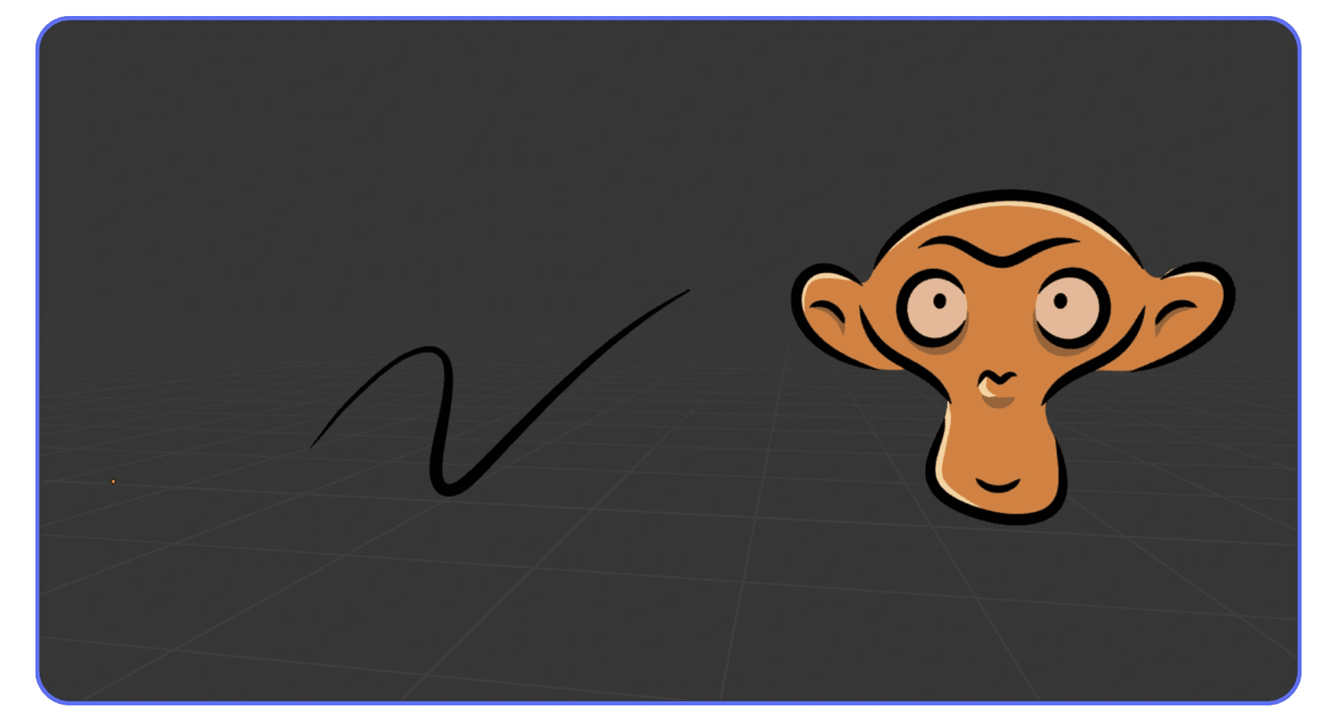 Blender viewport showing a 3D monkey head next to a 2D stroke line, representing hybrid 2D-3D workflow using Grease Pencil.