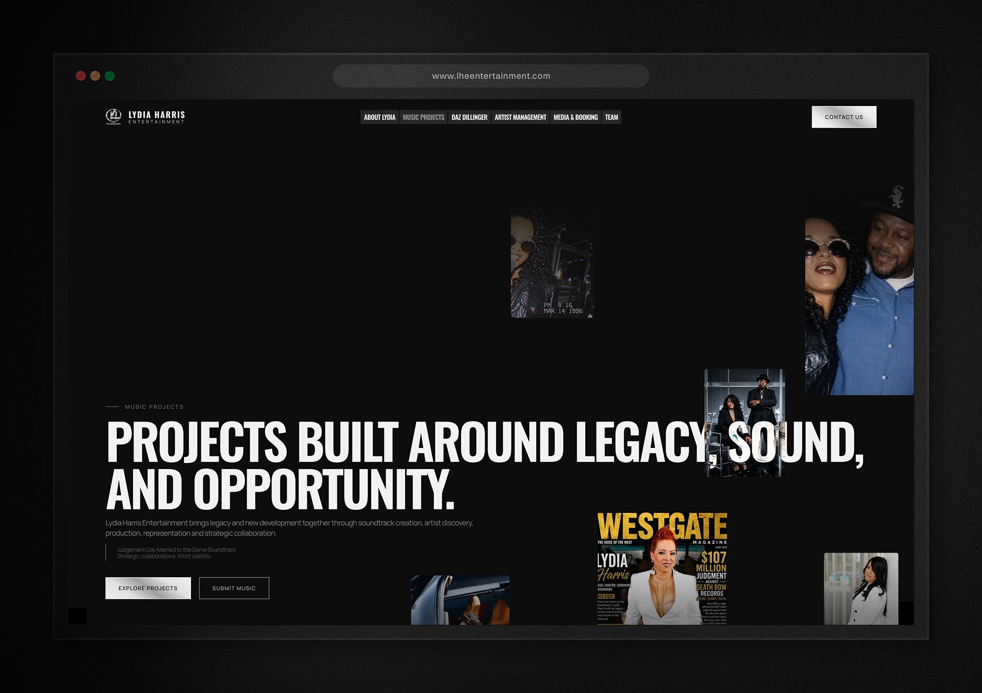Lydia Harris Entertainment music projects page with bold legacy and opportunity messaging