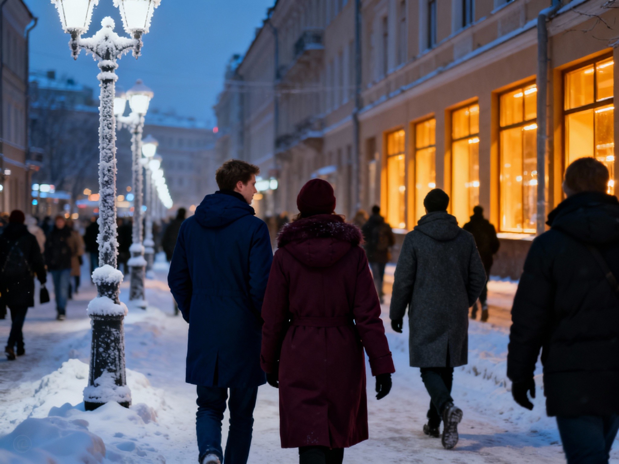 An editorial-style of a bustling winter city street at twilight, featuring sharp focus on