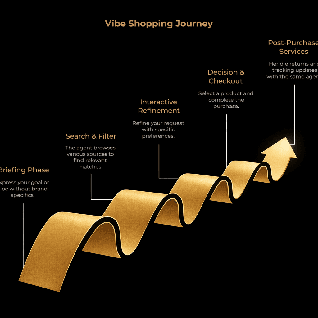 Visual showing the vibe shopping journey from briefing and search to interactive refinement, checkout, and post-purchase services.