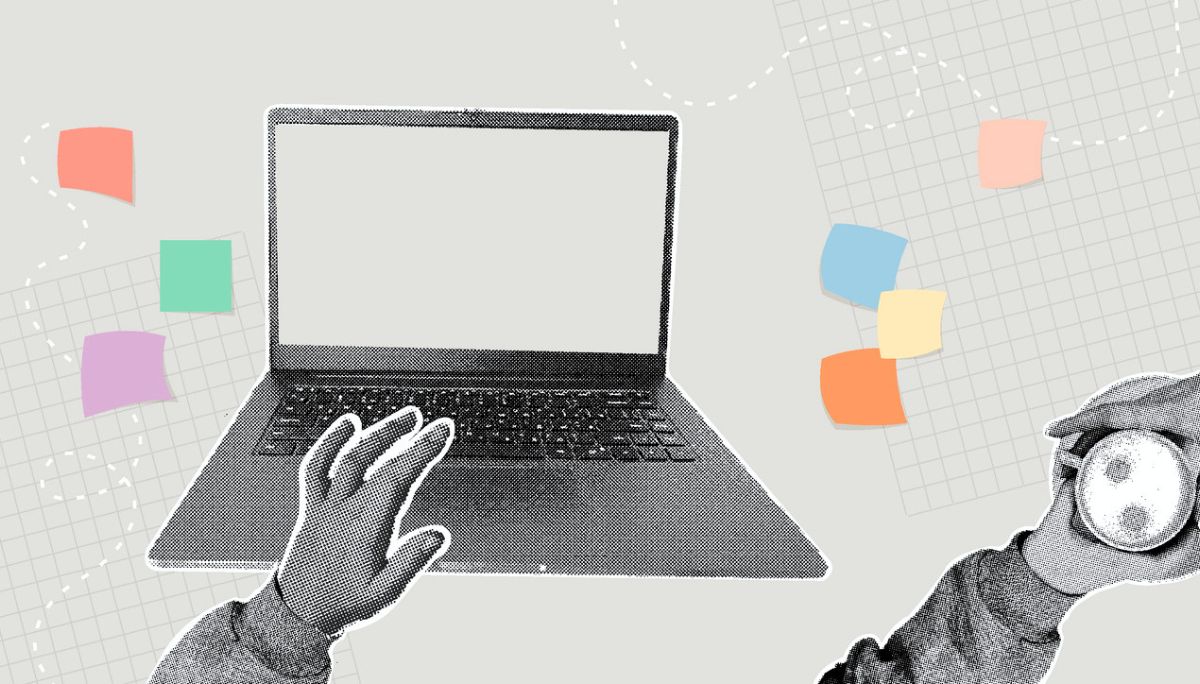 Illustration of hands reaching toward a laptop surrounded by colorful sticky notes.