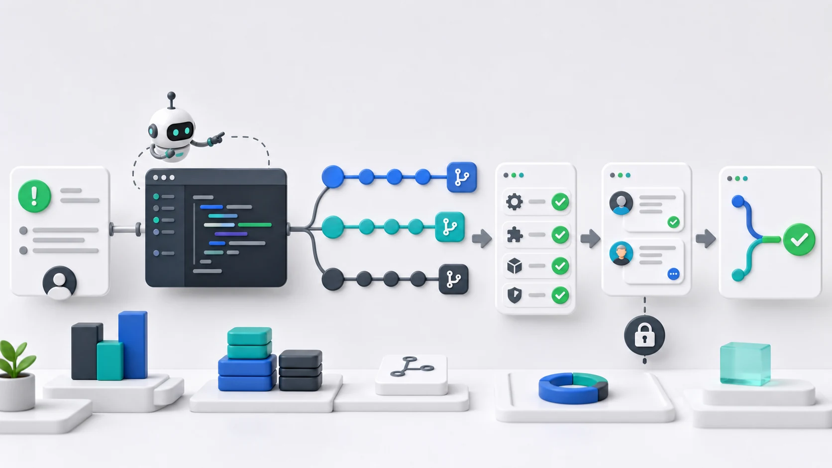 Issue-to-pull-request coding agent workflow with branches, checks, and review gate