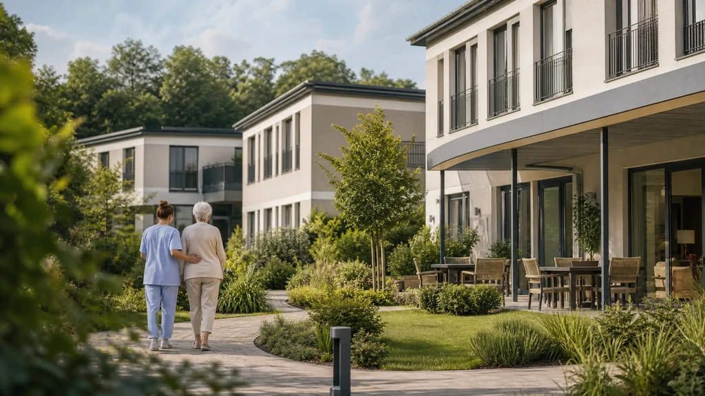 Moderne Pflegeheim-Gebäude mit Garten – Symbolbild für OpCo-PropCo-Strukturen
