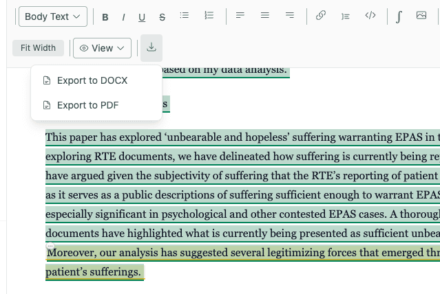Coauthor export menu showing DOCX and PDF options for a revised manuscript