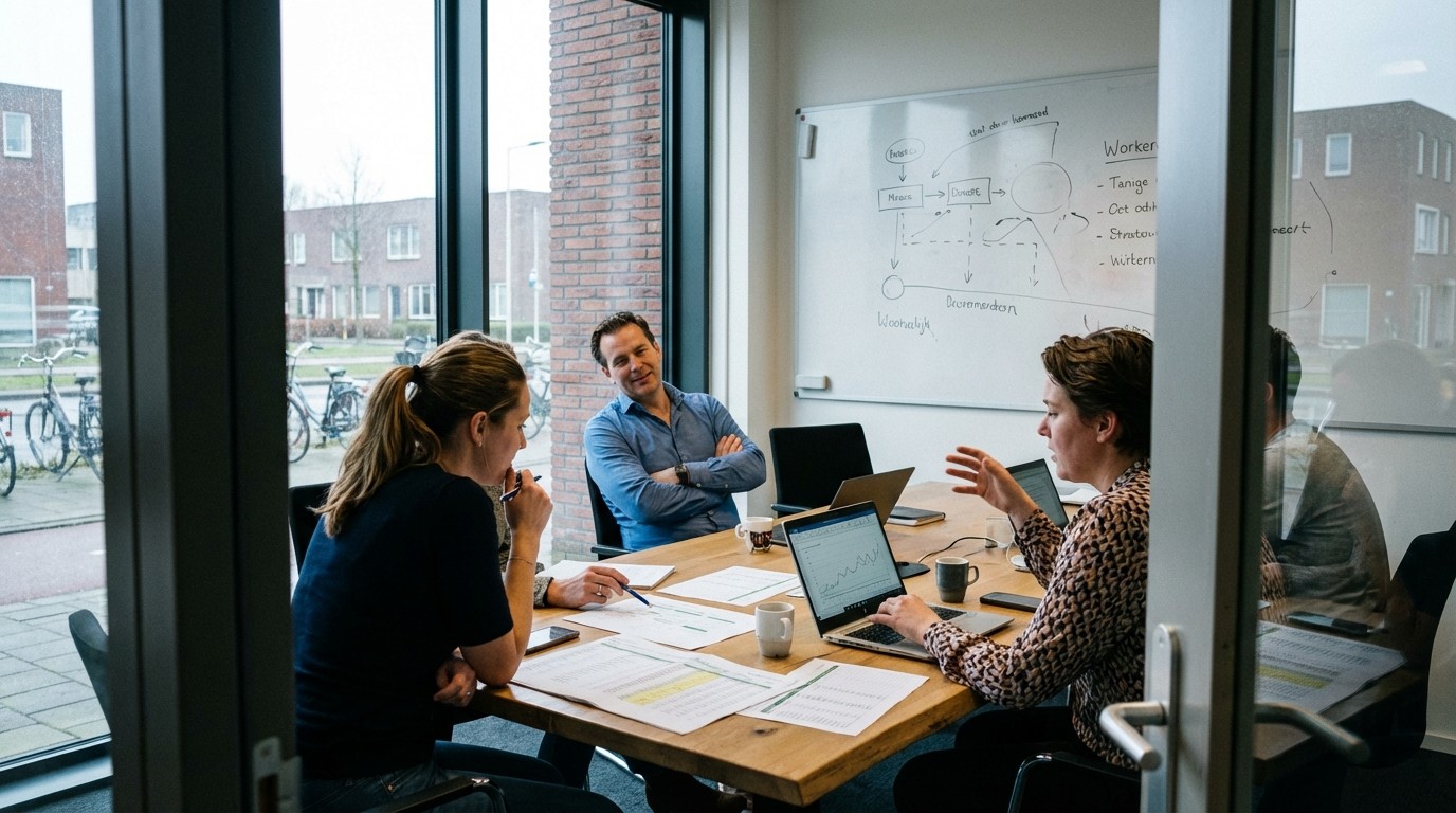 Drie collega’s zitten in een vergaderruimte rond een houten tafel en bespreken documenten en een laptop. Op de achtergrond staat een whiteboard met een schema, en door de grote ramen is een straat met fietsen en gebouwen zichtbaar.