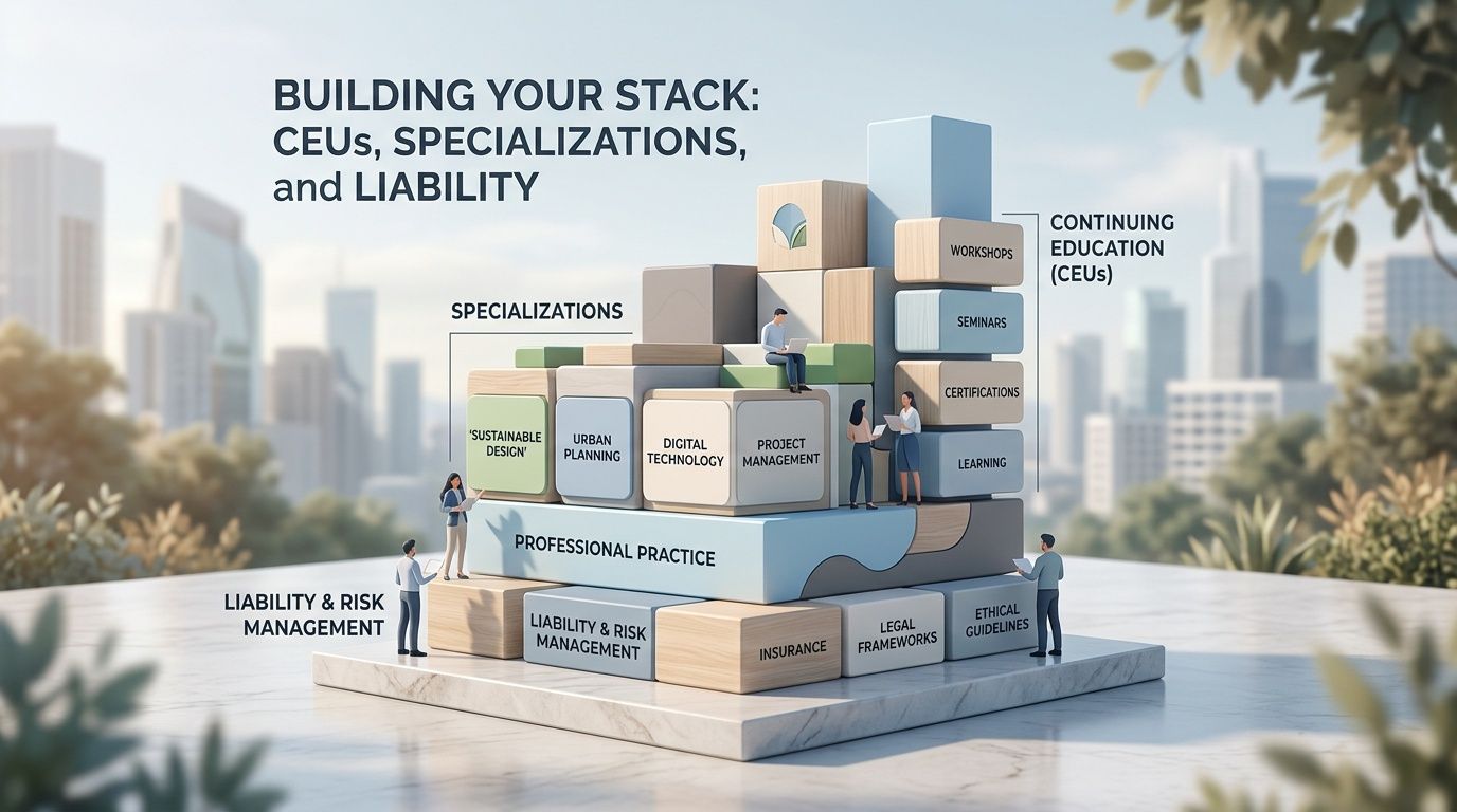 A 3D visualization showing building blocks for professional growth, including specializations, continuing education, and risk management.