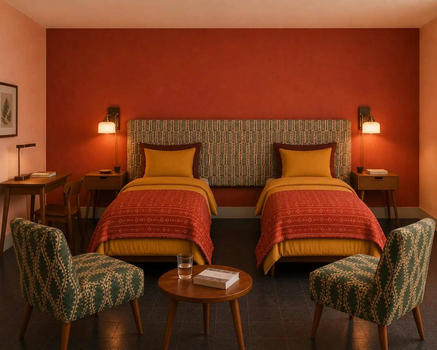 Twin cottage bedroom in terracotta and ochre at Jaali River Sanctuary