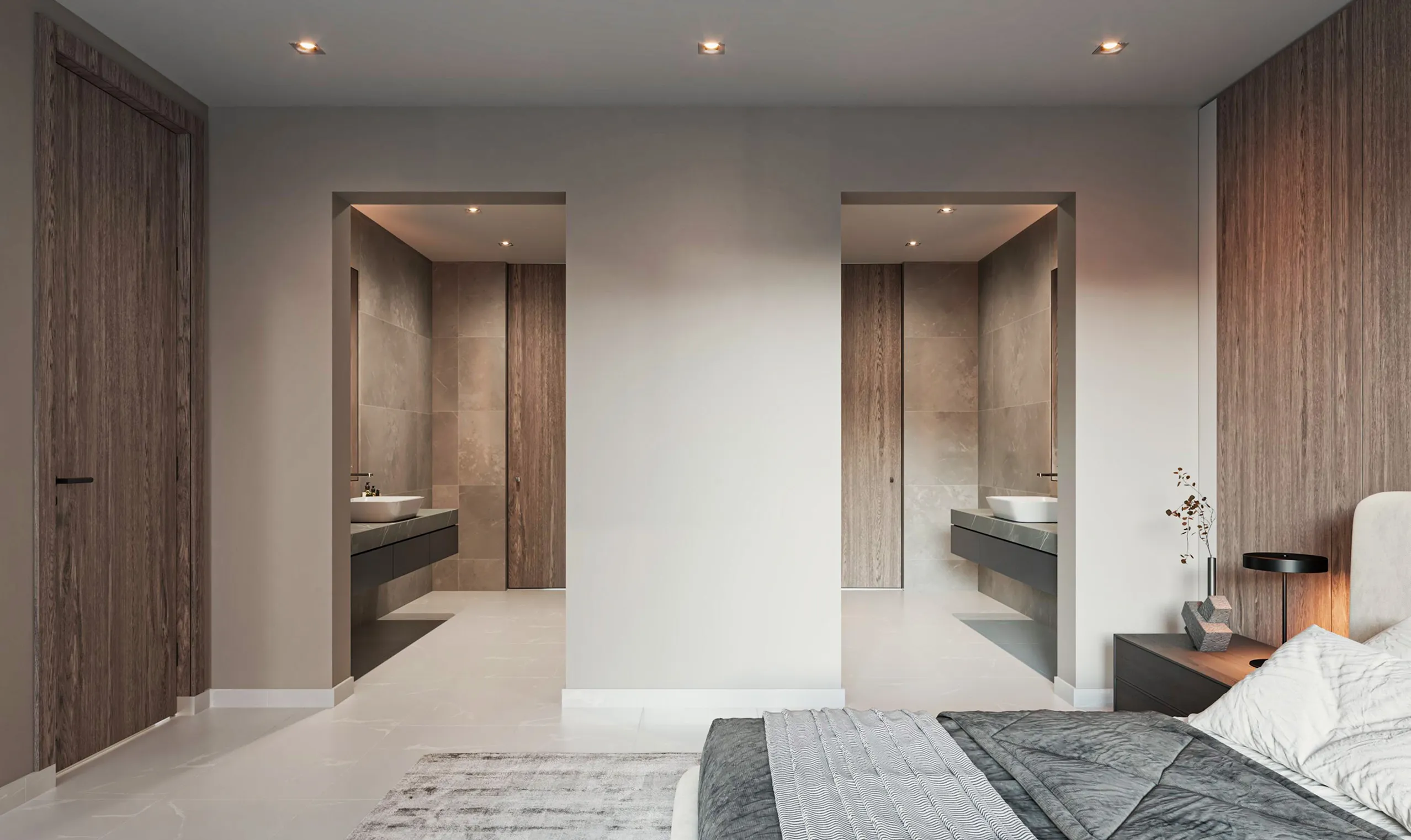 A sleek modern bedroom with a comfortable bed and a minimalist sink, highlighting a blend of functionality and style.